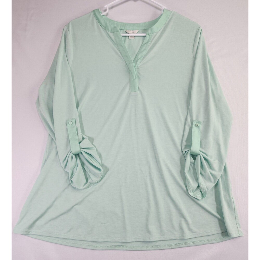 Coldwater Creek Mint Green Roll Tab Sleeve Tunic Top Size M V-Neck Henley